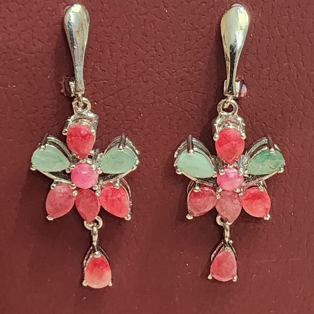 Ruby, Emerald,  and Sterling Earrings